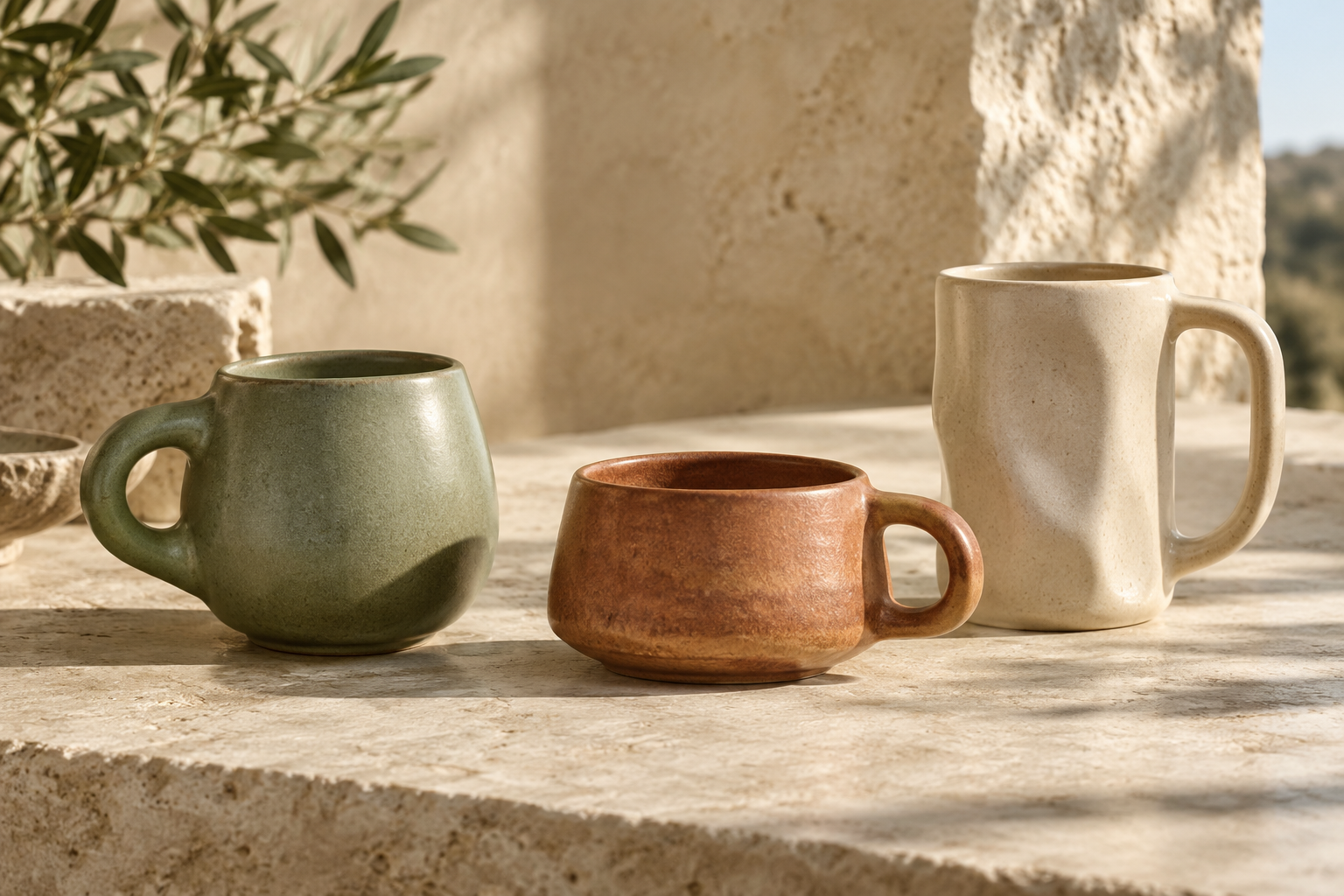 Original sage, copper and ivory mug concepts displayed on stone